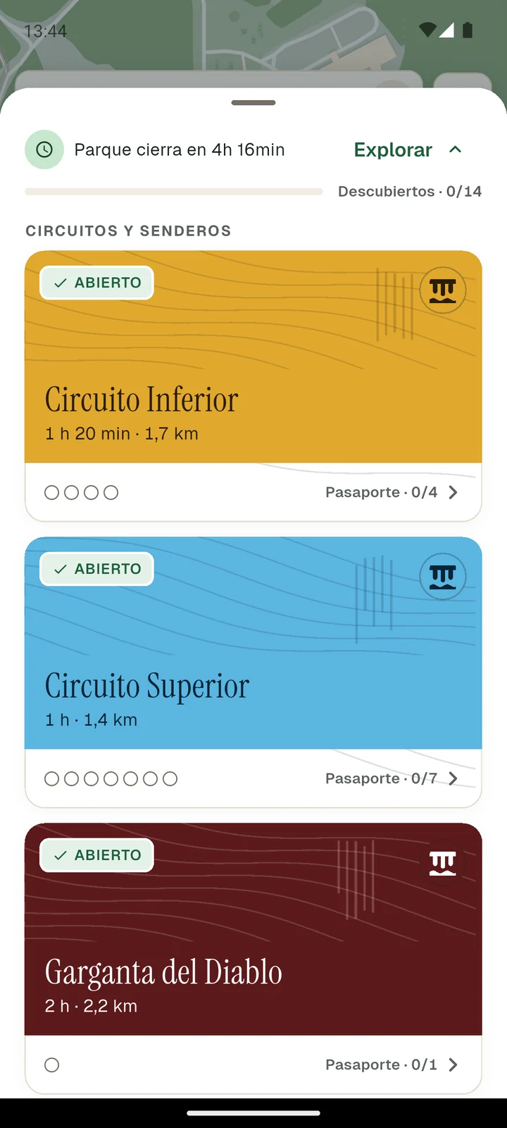 Circuitos abiertos con su duración, distancia y pasaporte