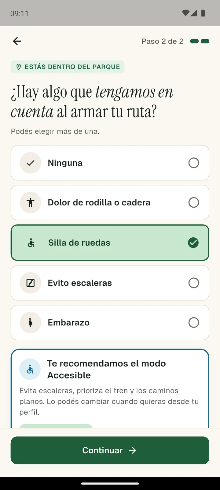 Pregunta inicial con silla de ruedas elegida y la recomendación del modo Accesible