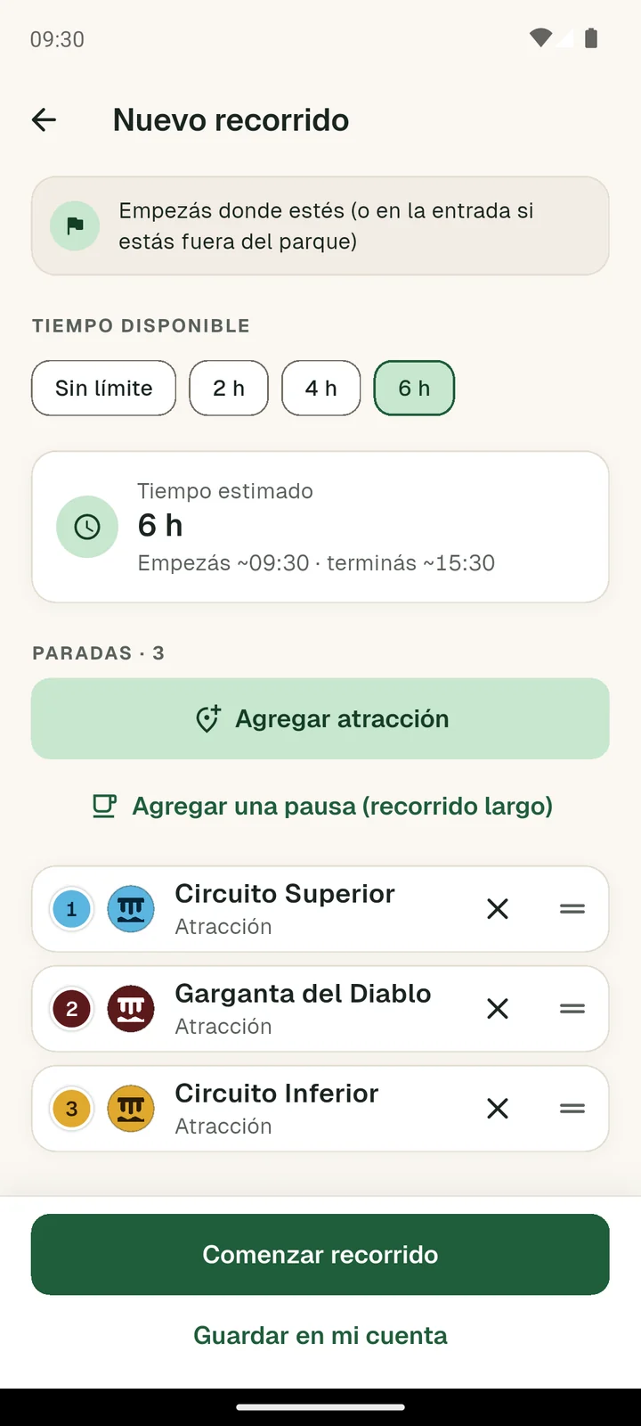 Planificador: seis horas, tres paradas, de 09:30 a 15:30